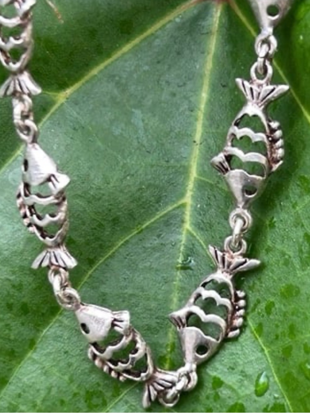 Sterling silver ocean theme sea life fishes fish link chain bracelet 7-7.59